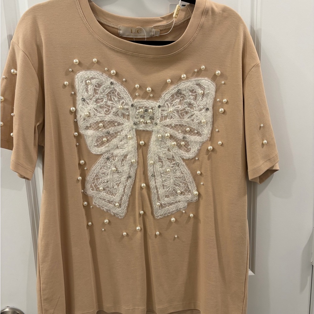 Women's Tan Top with Lace Bow and Pearl Accents
